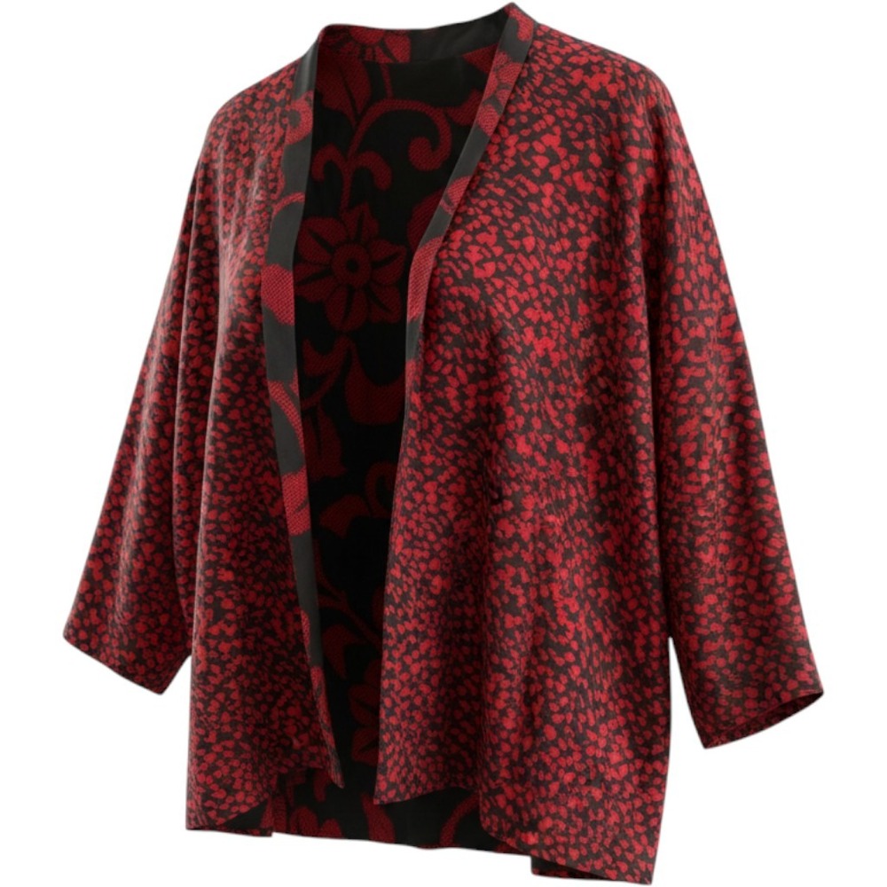 Red Black Abstract Floral Open Front Kimono Jacket Oversized One Size 6296